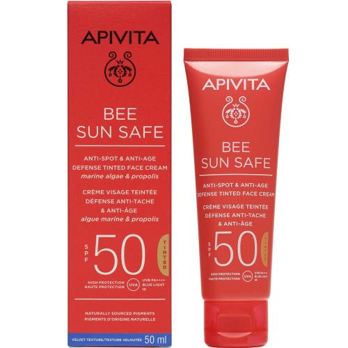 Apivita Bee Sun Safe Anti-Spot & Anti-Age Defence Face Cream Spf50 Tinted Αντηλιακή Κρέμα Προσώπου Κατά των Πανάδων & των Ρυτίδων, Υψηλής Προστασίας με Χρώμα 50ml